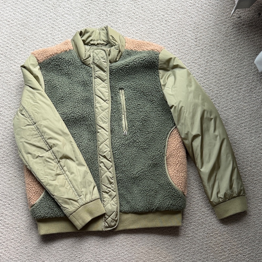 Universal Thread Green Tan Colorblock Bomber Jacket – Womens M Sherpa Teddy Coat